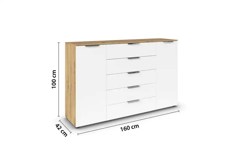 Sideboard Weiß, Eiche Artisan (Nachbildung) Front: Dekor, Oberboden: Dekor 160 cm verchromt