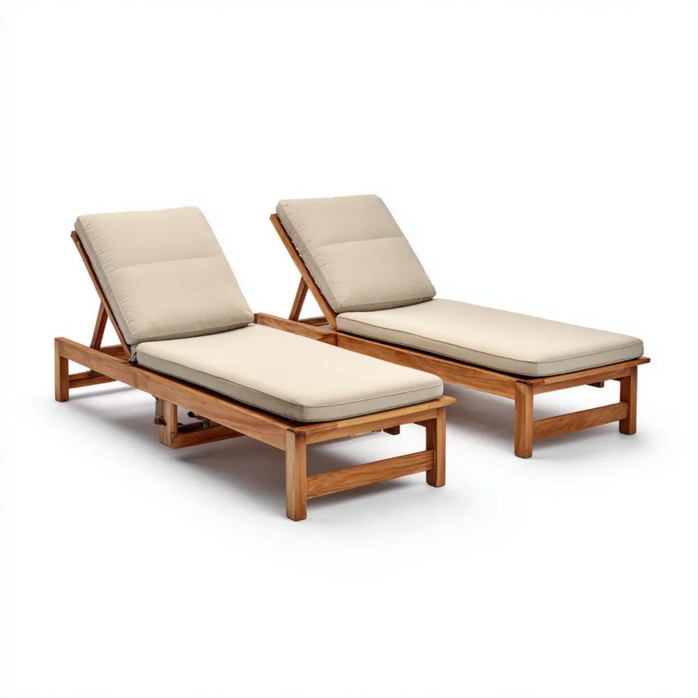 Gartenliegen Set Holz 200x65x35 cm – Verstellbar – Beige Polster