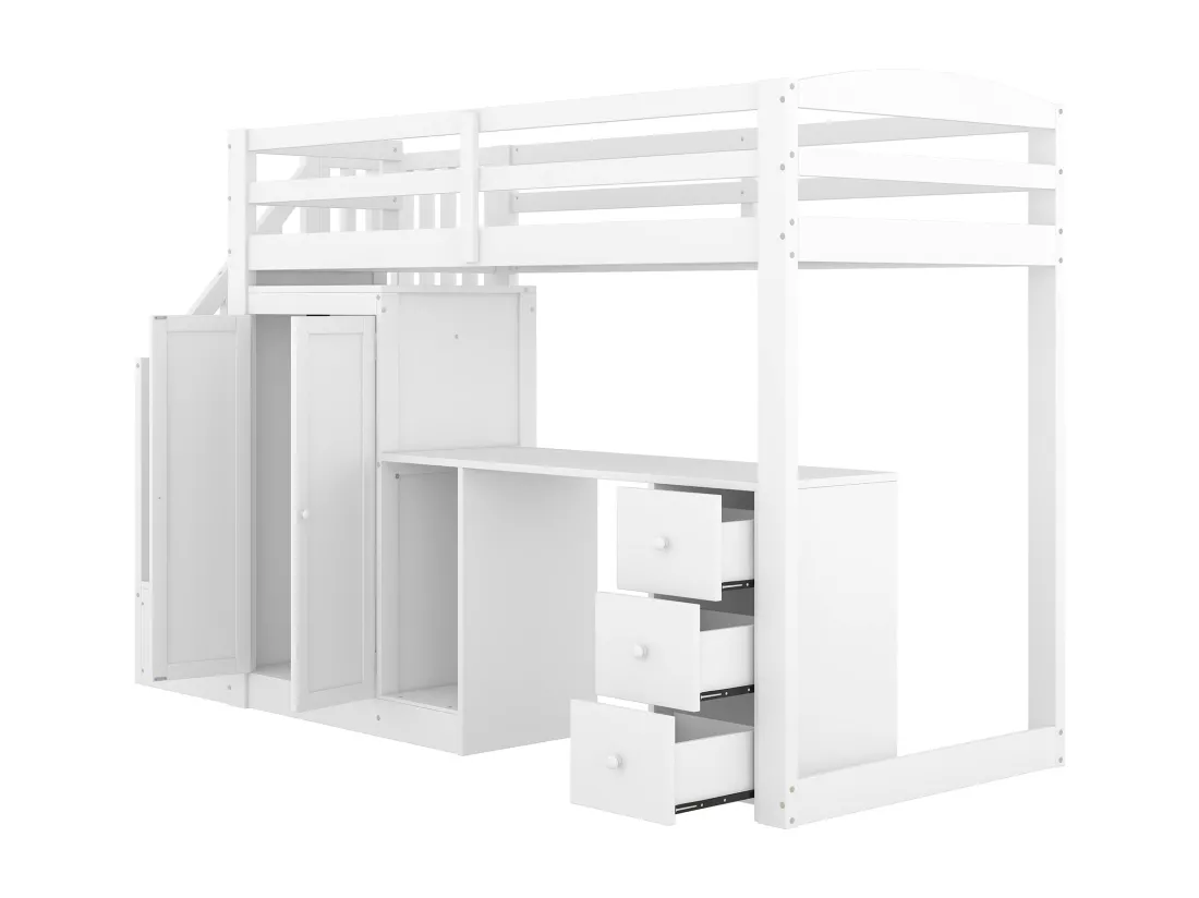 Lit mezzanine 90x200cm en bois - avec armoire、bureau et escalier de rangement - Blanc