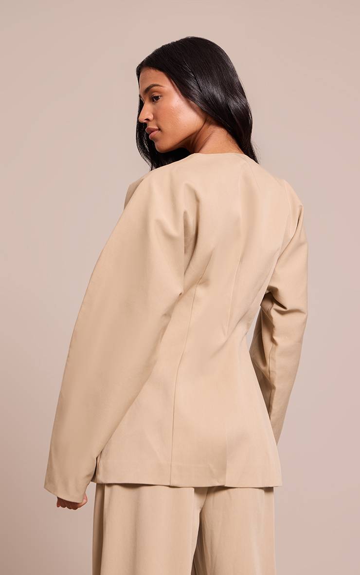 Sable Blazer Tailleur Tissé Premium Sans Col Tall En Ensemble Coordonné