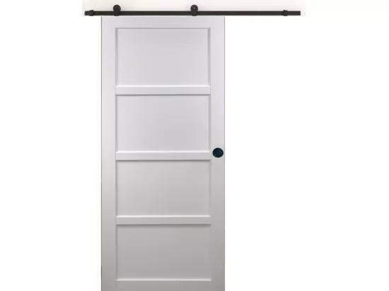 Porte Coulissante Tamera Blanc 4 Panneaux H204 X L73 + Rail à Roulettes Et 2 Coquilles Noir Gd Menuiseries