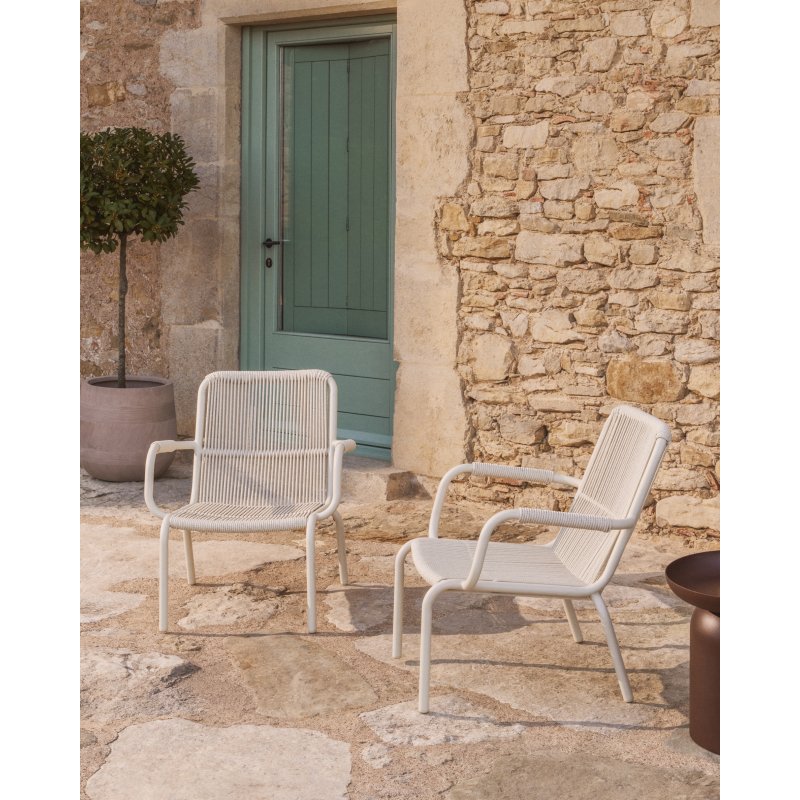Fauteuil empilable Salis en aluminium écru et corde synthétique écrue