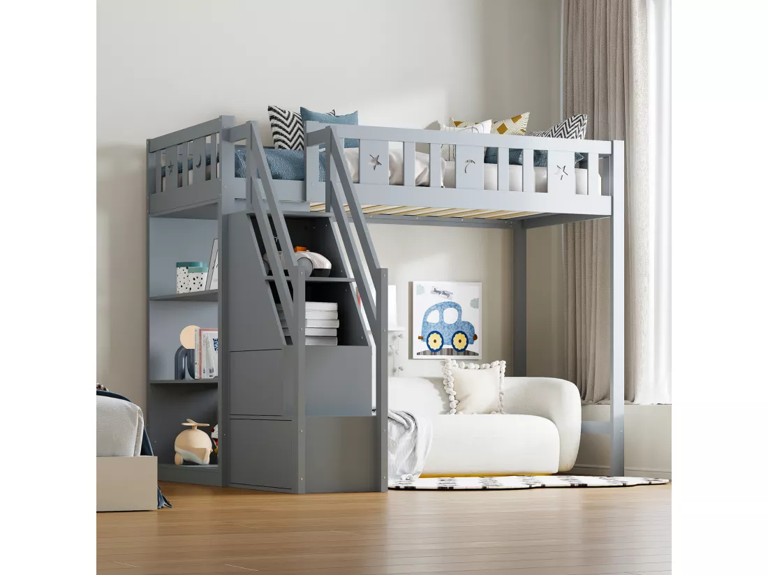 Lit mezzanine 90x200 cm, lit enfant avec avec échelle et étagères de rangement, antichute, structure en bois massif, gris