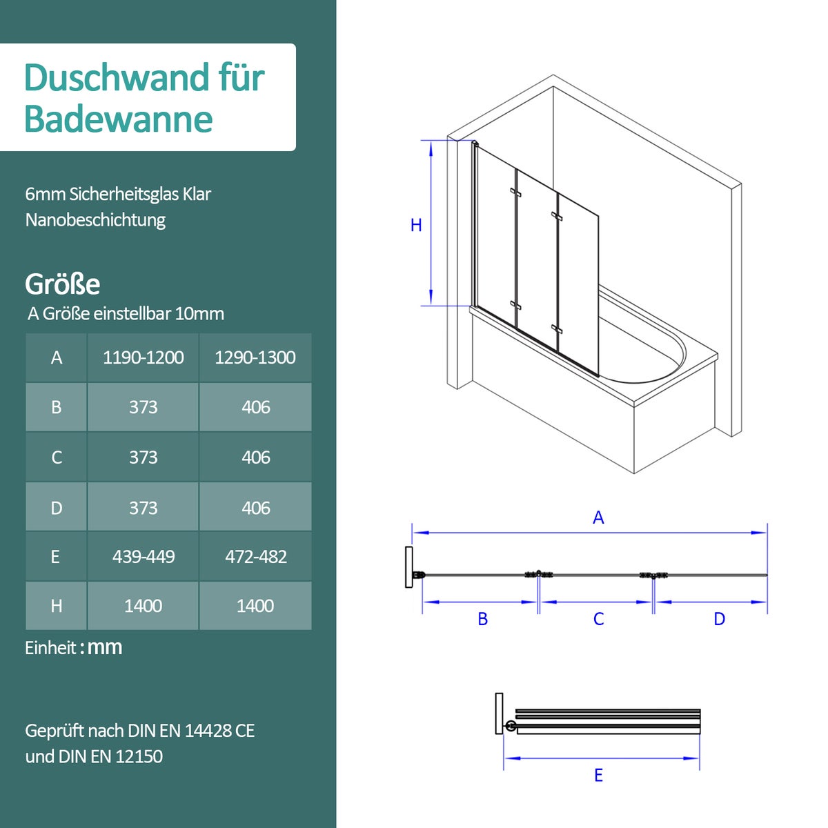 EMKE 3-delige douchewand voor badkuip, opvouwbare badwand, 120x140cm, opvouwbaar, 6mm veiligheidsglas met nanocoating, opvouwbare douchewand, rechts of links monteerbaar