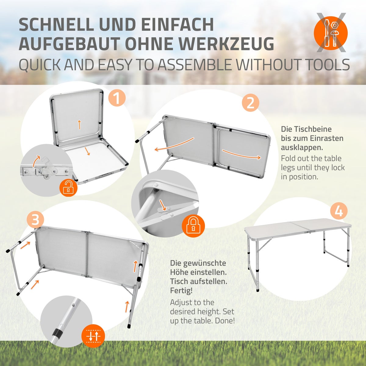 ECD Germany Campingtafelset met 4 krukken, 120x60x55/63/70 cm, in hoogte verstelbaar, opvouwbaar, wit/crème, gemaakt van aluminium en MDF, kampeermeubelset, opvouwbaar meubilair, opvouwbare tafel, tuintafel met 4 stoelen