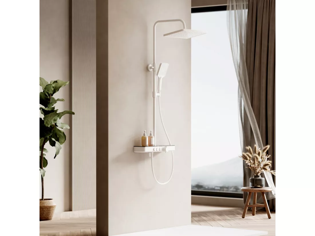 EMKE Colonne de douche Thermostat, 45 x 13 cm étagères en verre, 3 types de jets, douche à effet pluie, Certification KTW, Blanc