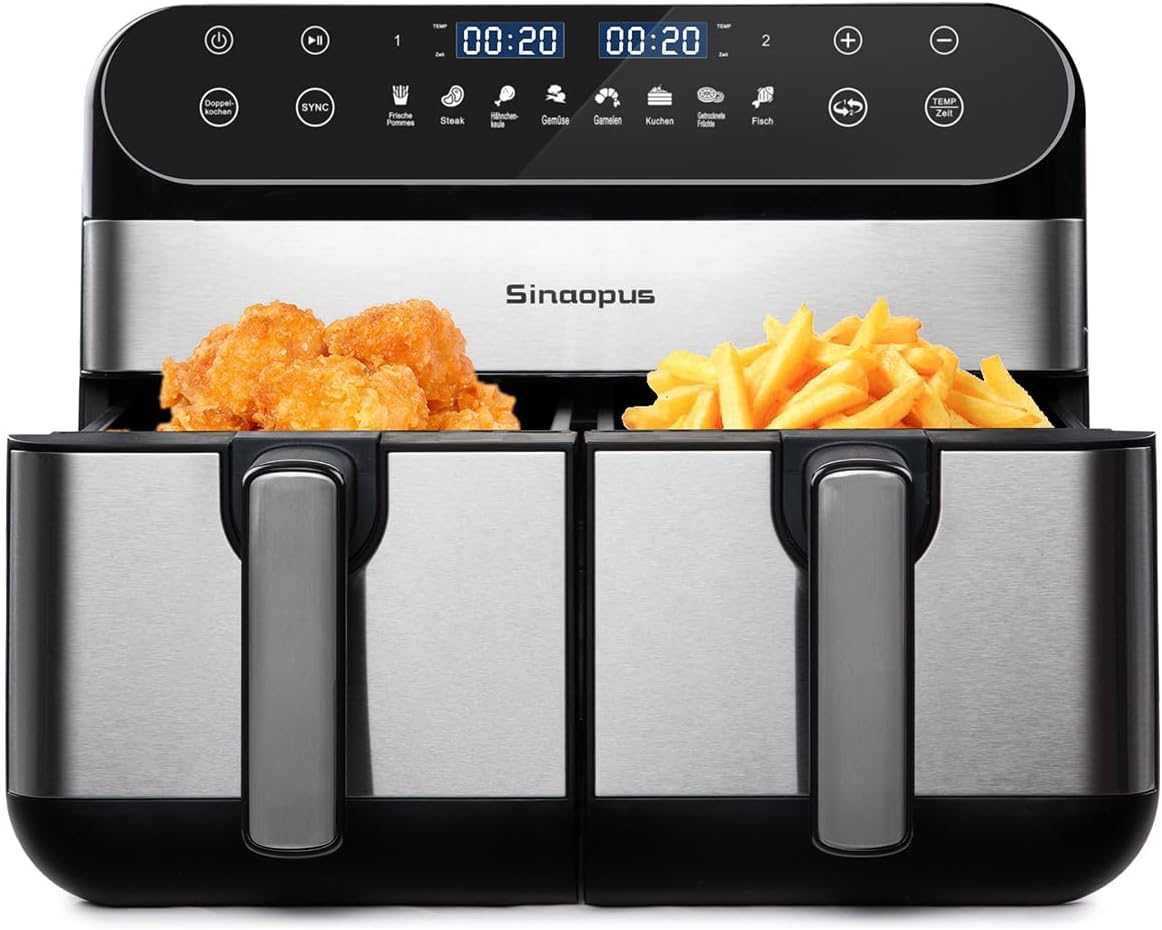 Heißluftfritteuse 2 Kammern,Dual Zone Heißluftfritteuse 10L – Doppelkammer XXL 2400 W, LED-Touchscreen, 8 Programme, Friteuse Heissluft ohne Öl, Airfryer mit 2 Körben(10L)
