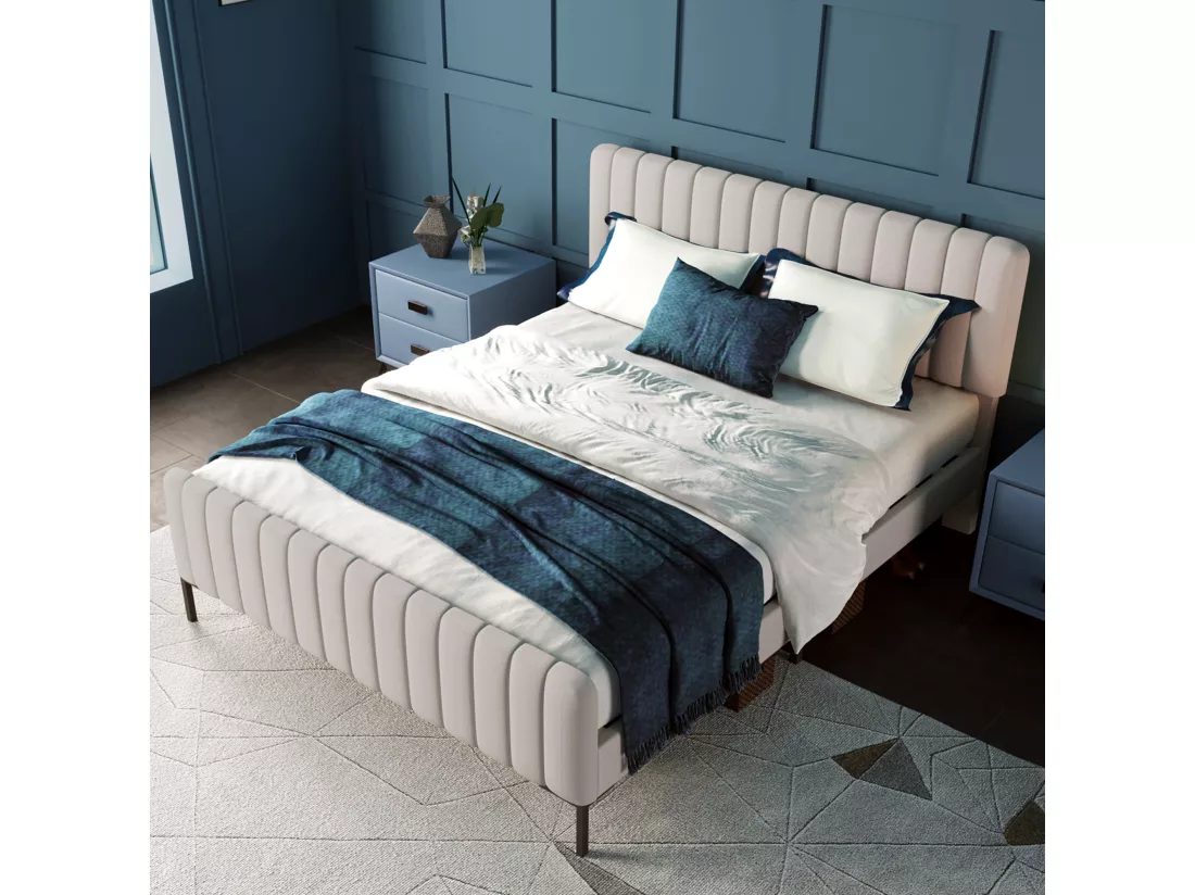 Lit double capitonné 160 x 200 cm, avec sommier à lattes et tête de lit réglable, lit capitonné gris-beige, tissu en lin