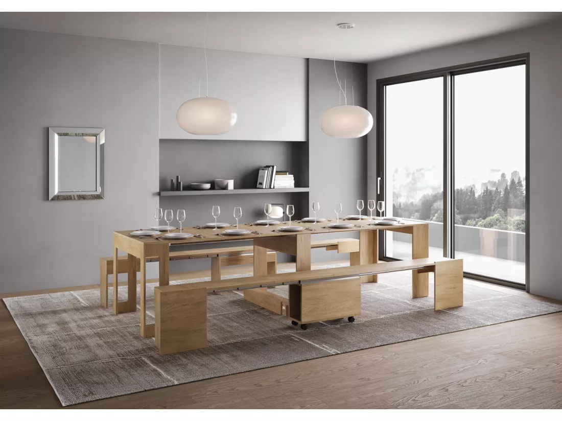 Console extensible 90x42/302 cm Evolve Chêne Nature rallonges internes avec bancs inférieur et supérieur