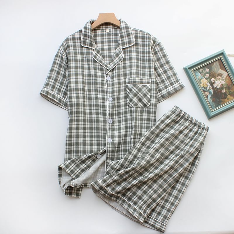 Dogini - Pyjamaset: geruit overhemd met korte mouwen en kraag + korte broek met elastische taille