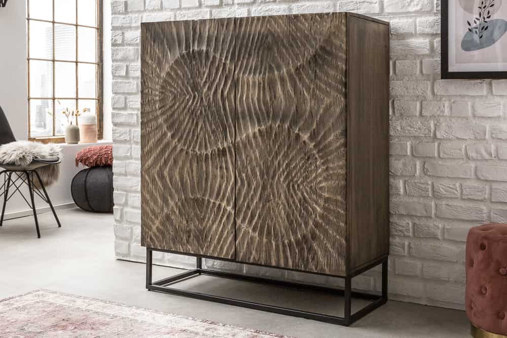 Massives Highboard SCORPION 120cm grau Akazie aufwendige 3D Schnitzereien