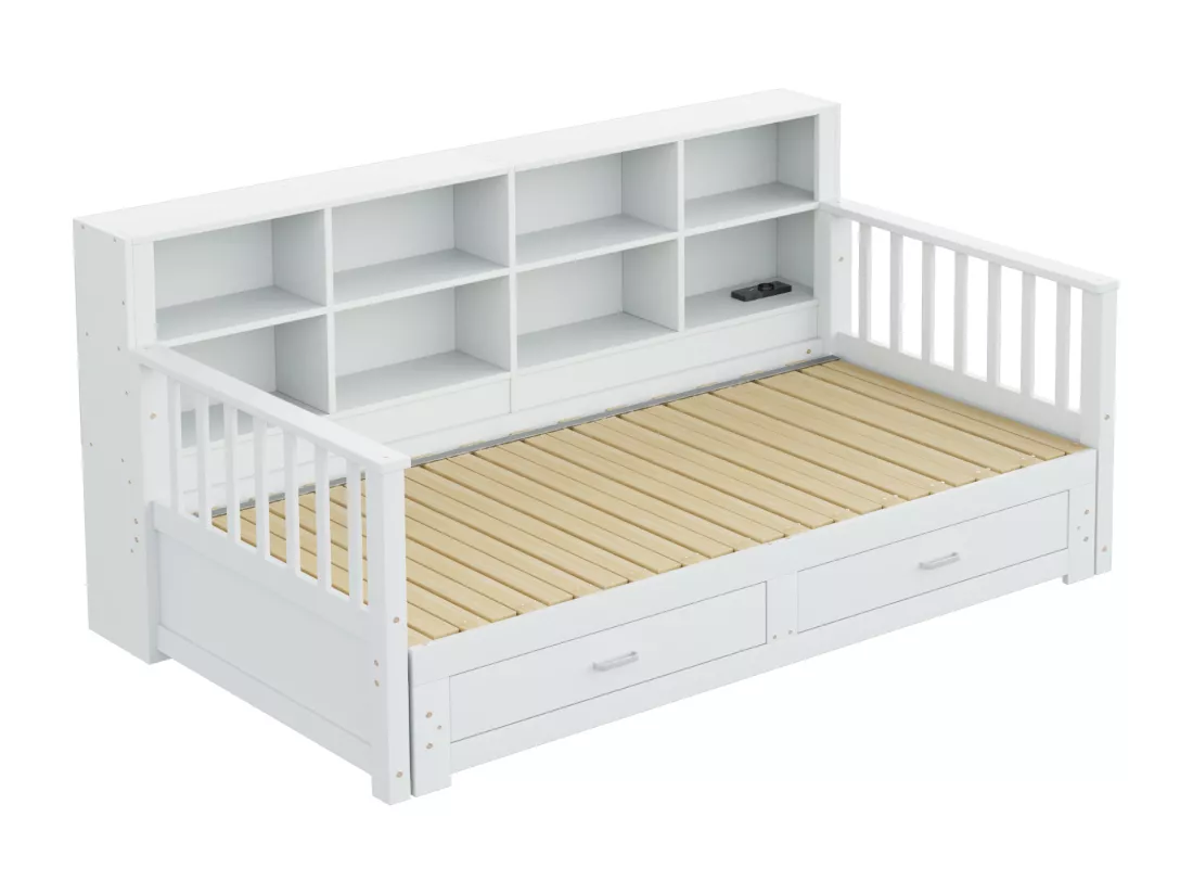 Canapé-lit gigogne en bois massif 90/180x190 cm - avec prise de charge - avec rangement - avec 2 tiroirs - sommier à lattes - blanc (matelas non inclus)