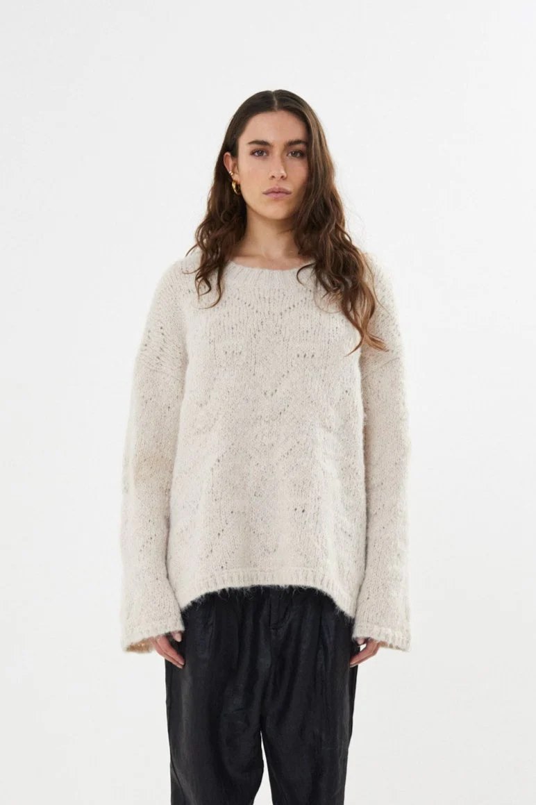 Rabens Saloner  Elsie Dual knit oversize uldstriktrøje - Beige
