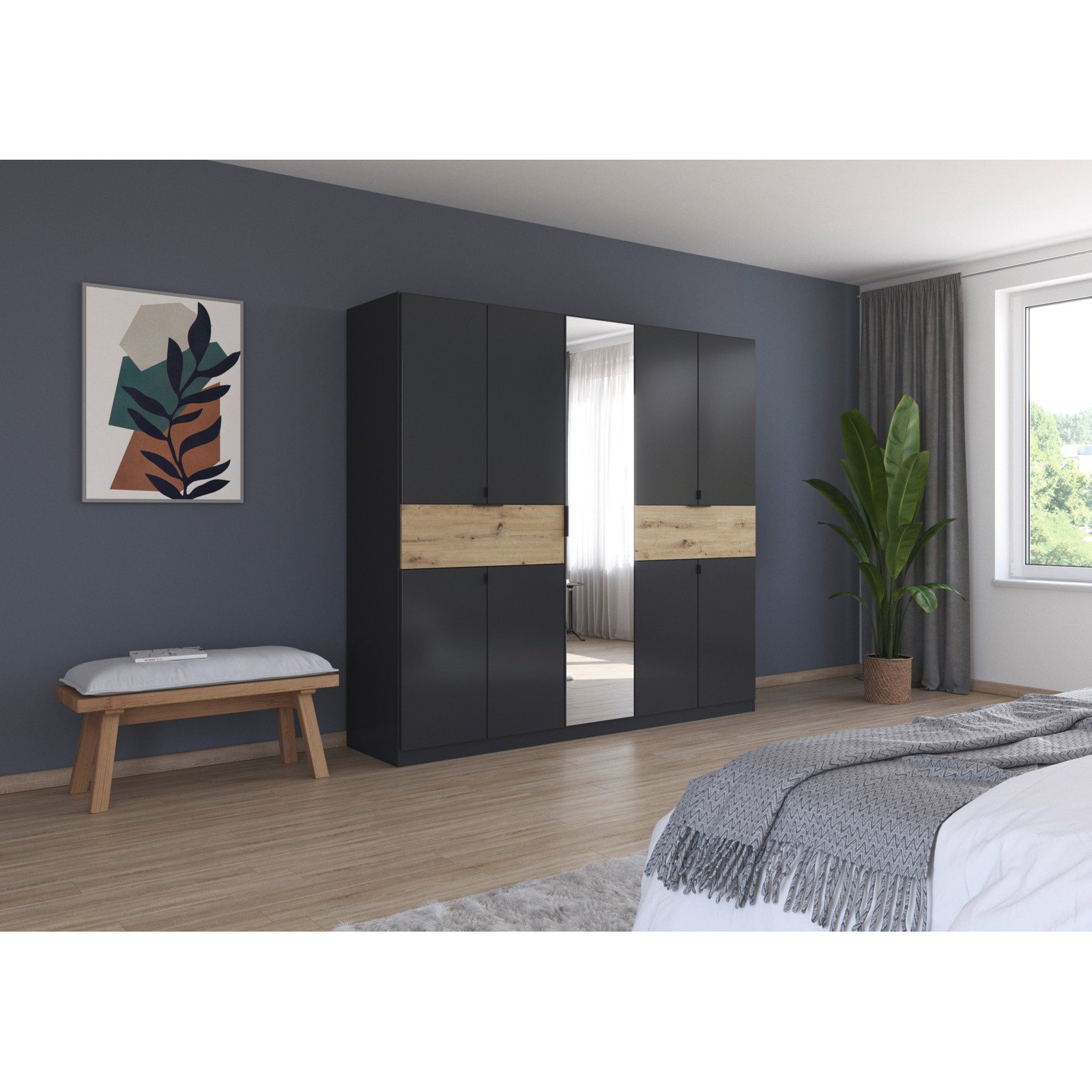 Drehtürenschrank Ticao, Dekor, 226 x 210 x 54 cm, mit Spiegel graphit/artisan