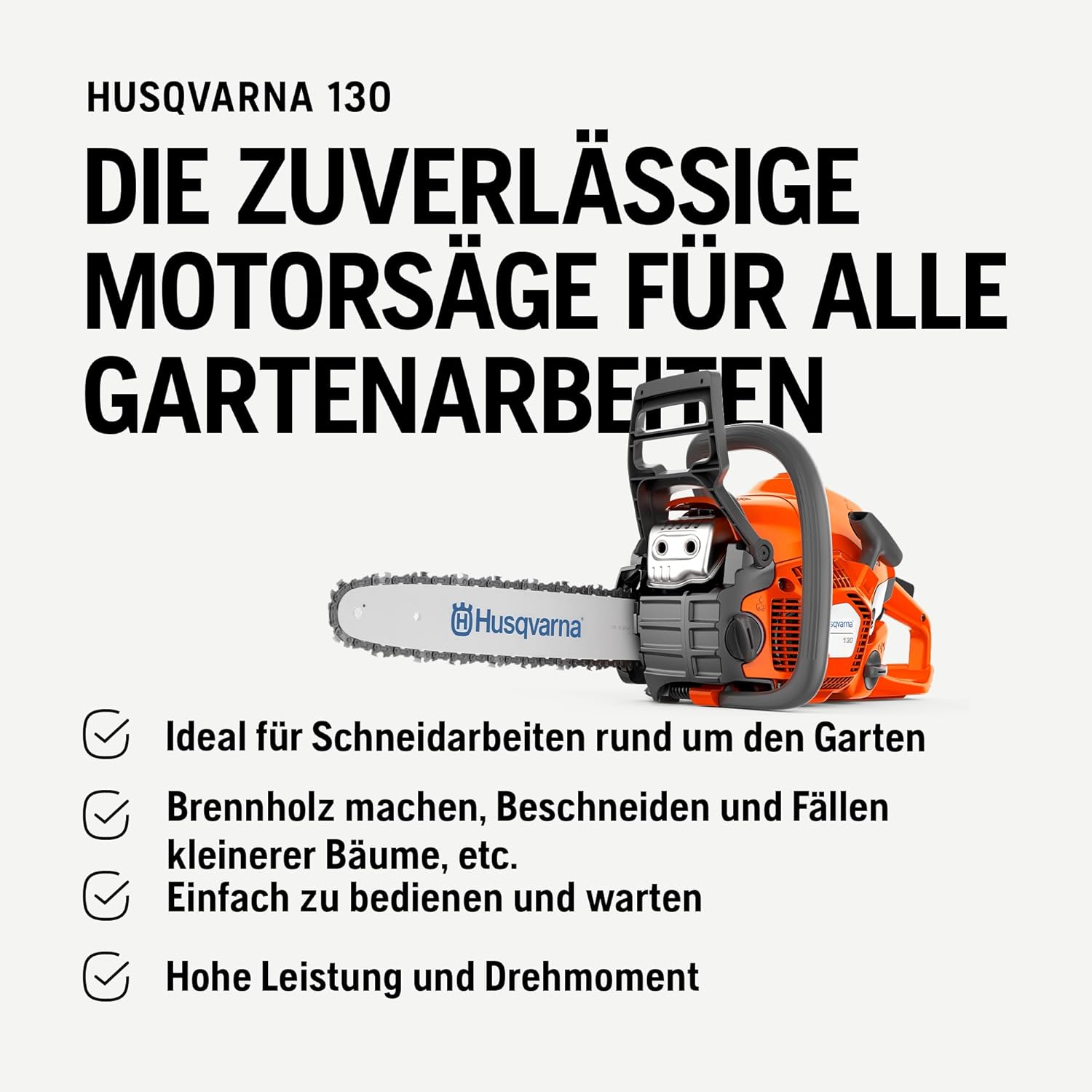 Husqvarna 130 Benzin-Kettensäge - 38 cc X-Torq® Motor, 35 cm Schiene und Kette, LowVib®, ideal für Gartenpflege und Brennholz