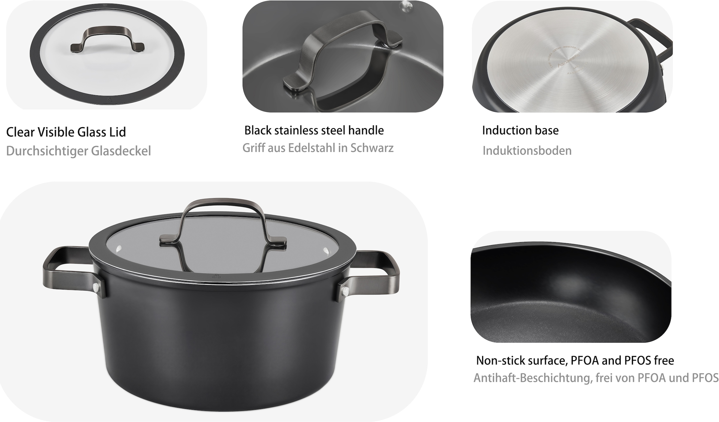 Hanseatic Topf-Set »ALU PRO« Set, Fleischtopf 1x 16 cm / 2x 20 cm / 1x 24 cm, Stielkasserolle 16 cm, 9 Stk. tlg. Aluminium