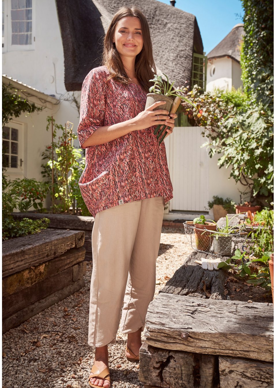 Pantalon en lin majoritaire, longueur cheville et taille confortable, Loose Fit