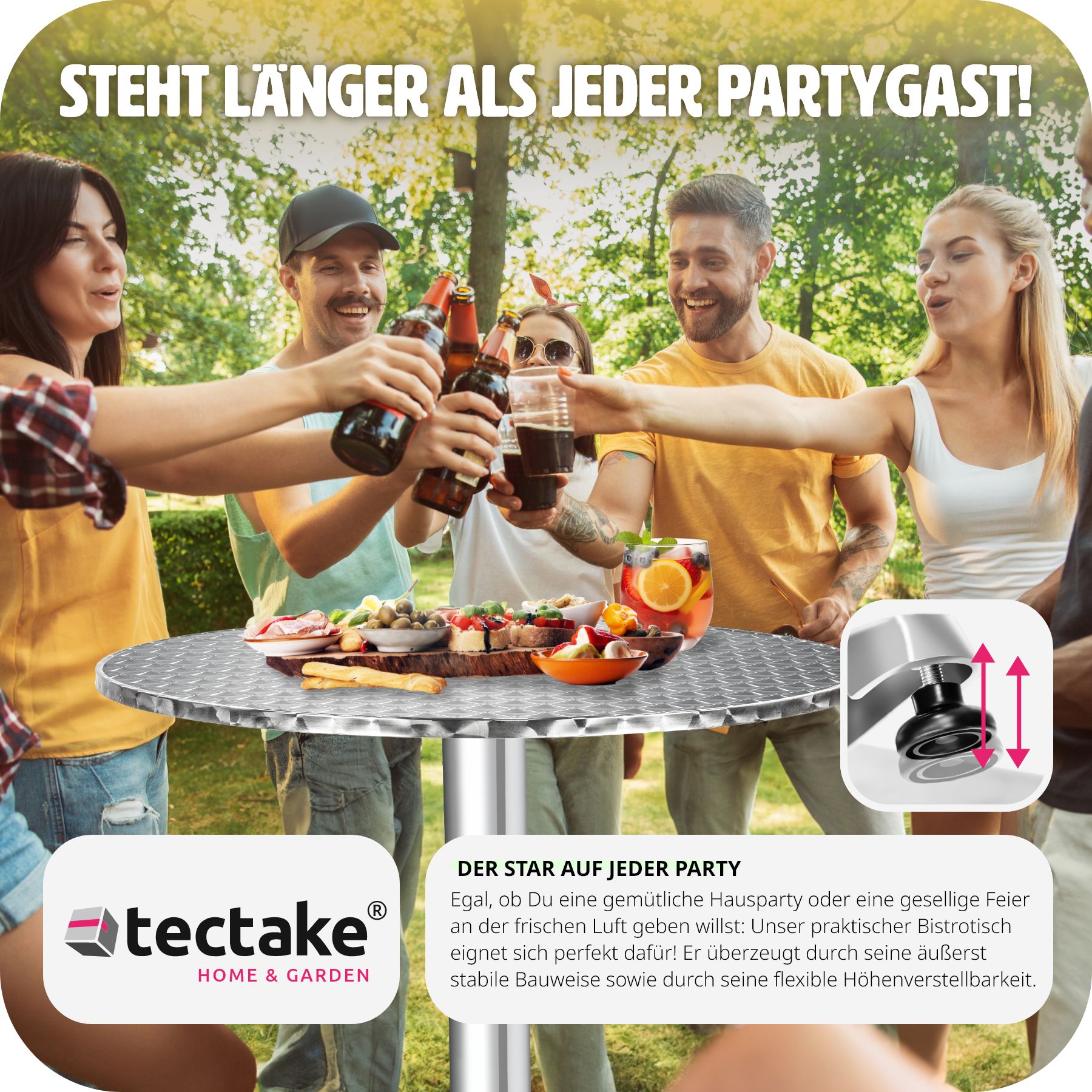 tectake® Stehtisch, aus Aluminium, rund, standfest und pflegeleicht, 60 x 75/115 cm