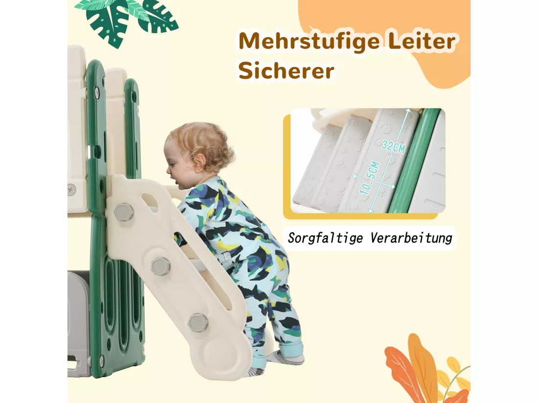 Toboggan enfant 5 en 1 pour Extérieur ou Intérieur avec Échelle, Panier de Basket, Stokage, Jeu de Forage, Allée d'amusement, Vert