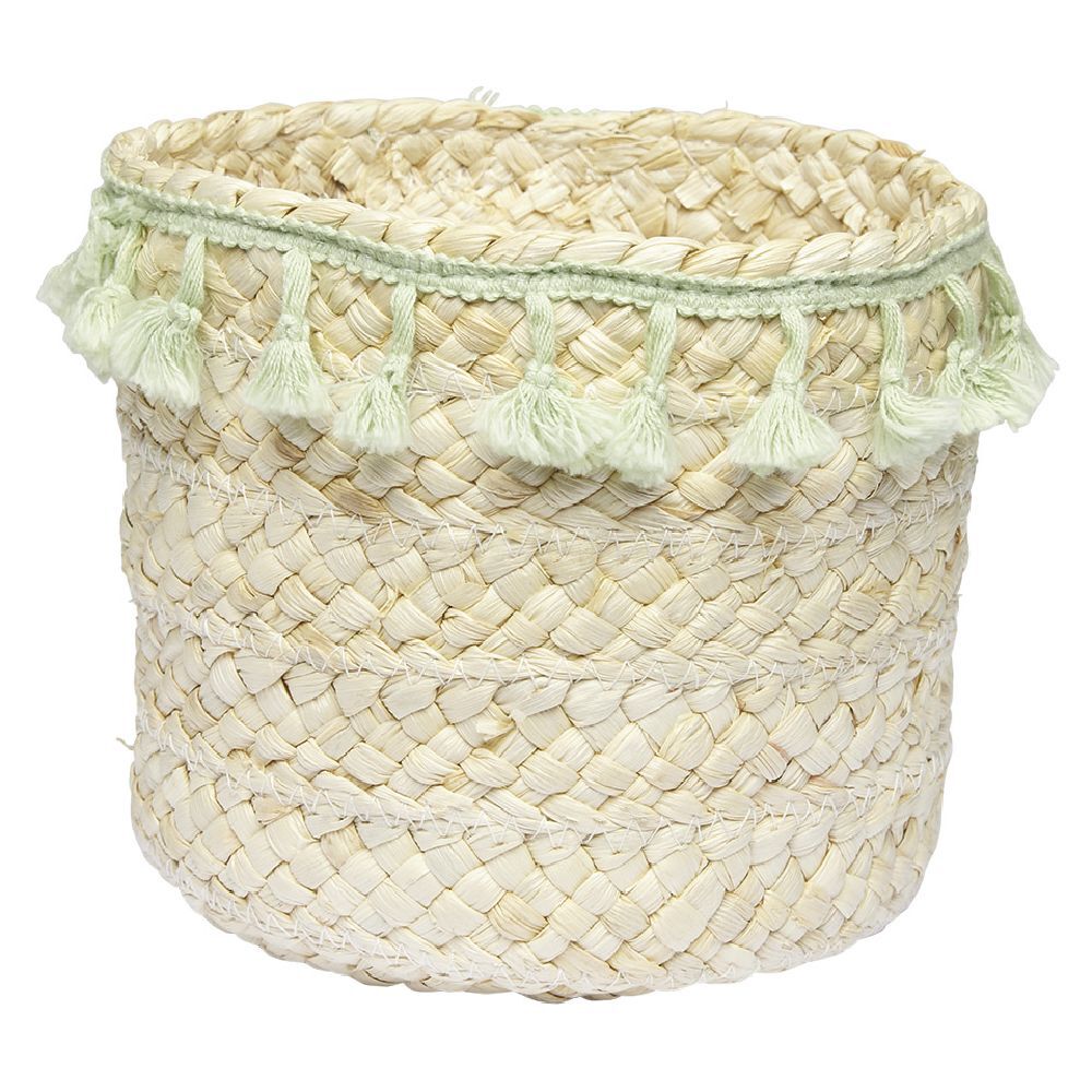 Panière ronde en jonc naturel avec pompons vert Ø19 cm