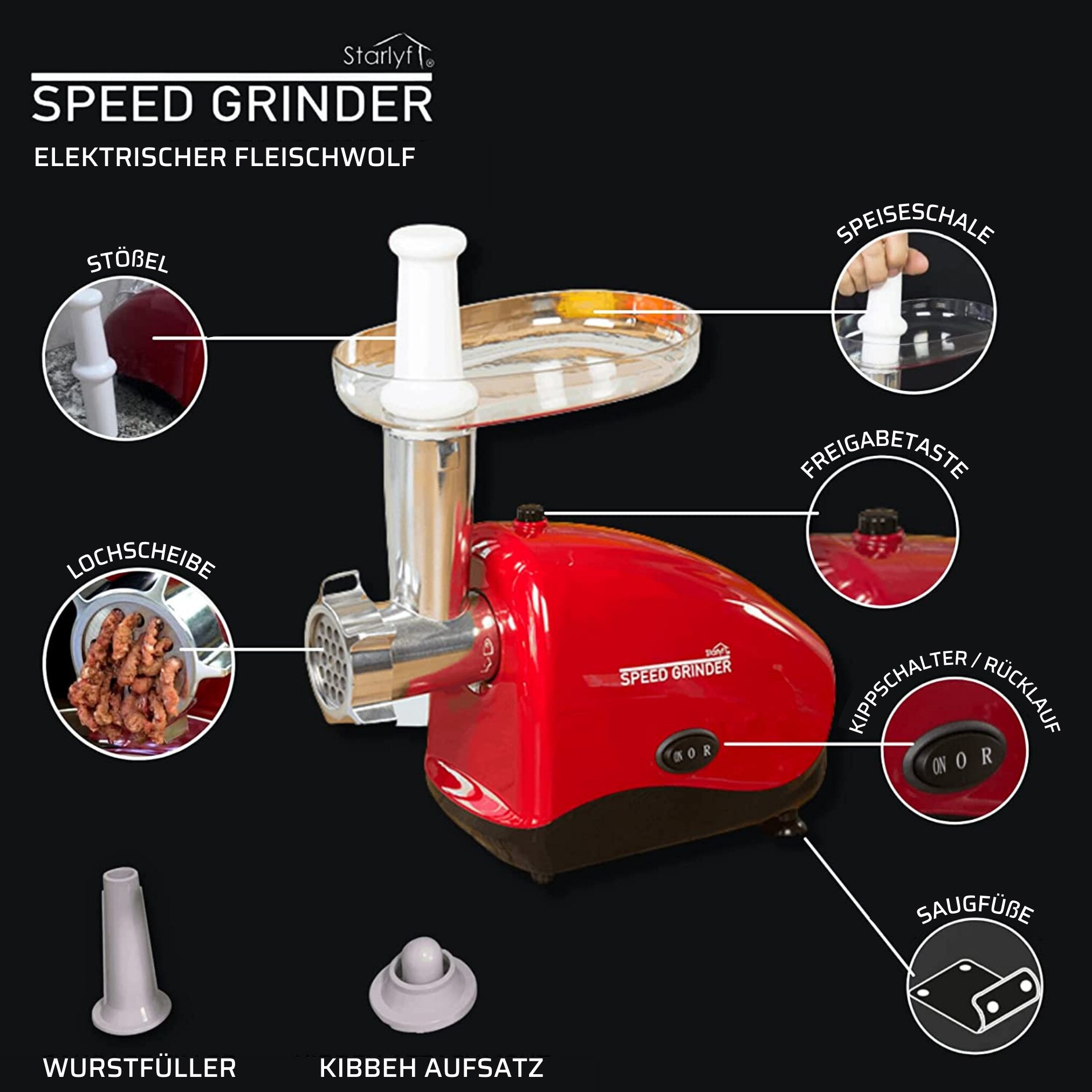 Starlyf® Elektrischer Fleischwolf - Kibbeh, Würstchenfüller Aufsatz Speed Grinder