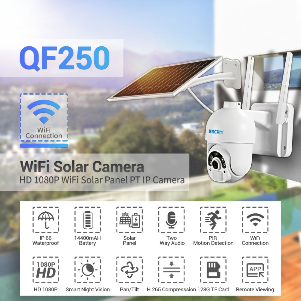 WiFi Solar IP Kamera Full HD 1080p mit 2-Wege-Audio / Infrarot LED's Nachtsichtfunktion / Micro SD / Wandhalterung iOS/Android (IP66) - Weiss