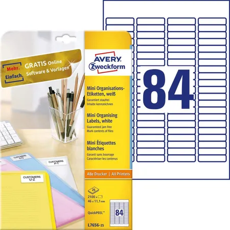 Avery Zweckform L7656-25 Mini-Organisations-Etiketten,A4 46 x 11,1 mm, 25 Bogen/2.100 Etiketten, weiß