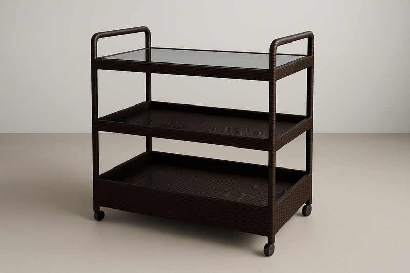 Barwagen aus Glas und Polyethylen-Rattan, dreistöckig, dunkelbraun, 98 cm