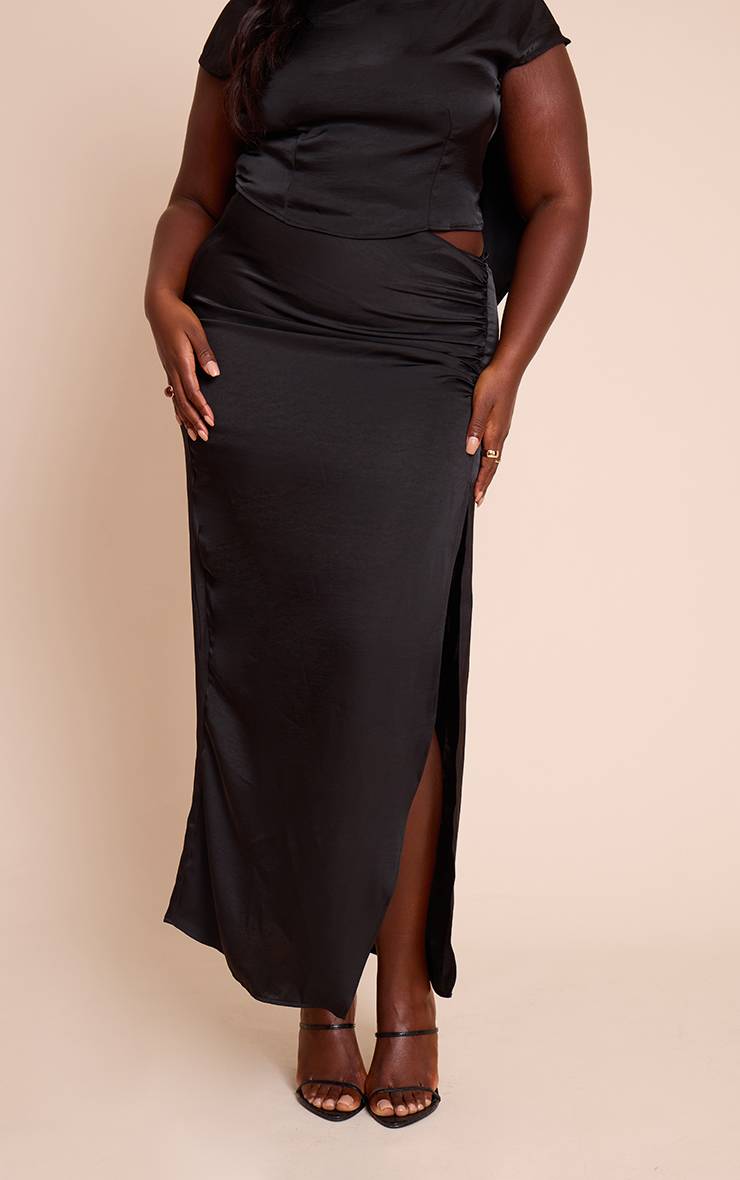 Noir Jupe Longue Grande Taille En Satin Froncé Avec Fente Détail