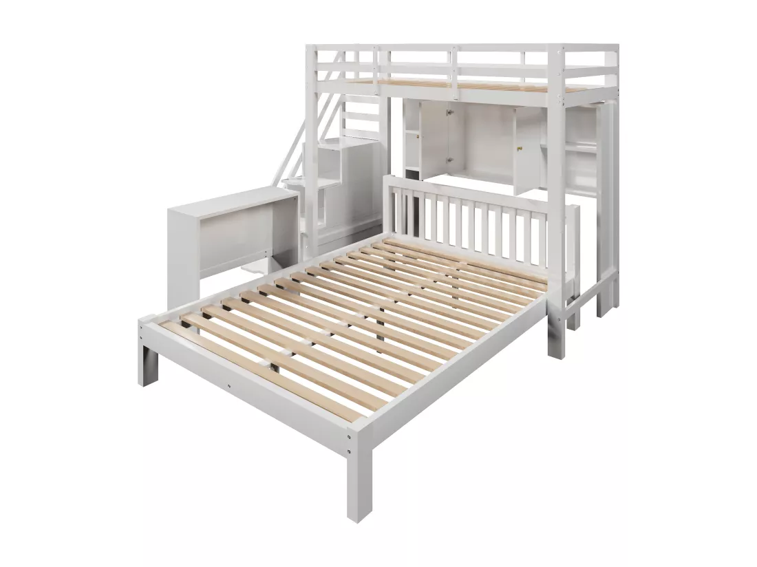 Lit superposé enfant 90x200 cm + 140x200 cm - avec escalier de rangement et bureau amovible - en Bois massif et MDF - Blanc