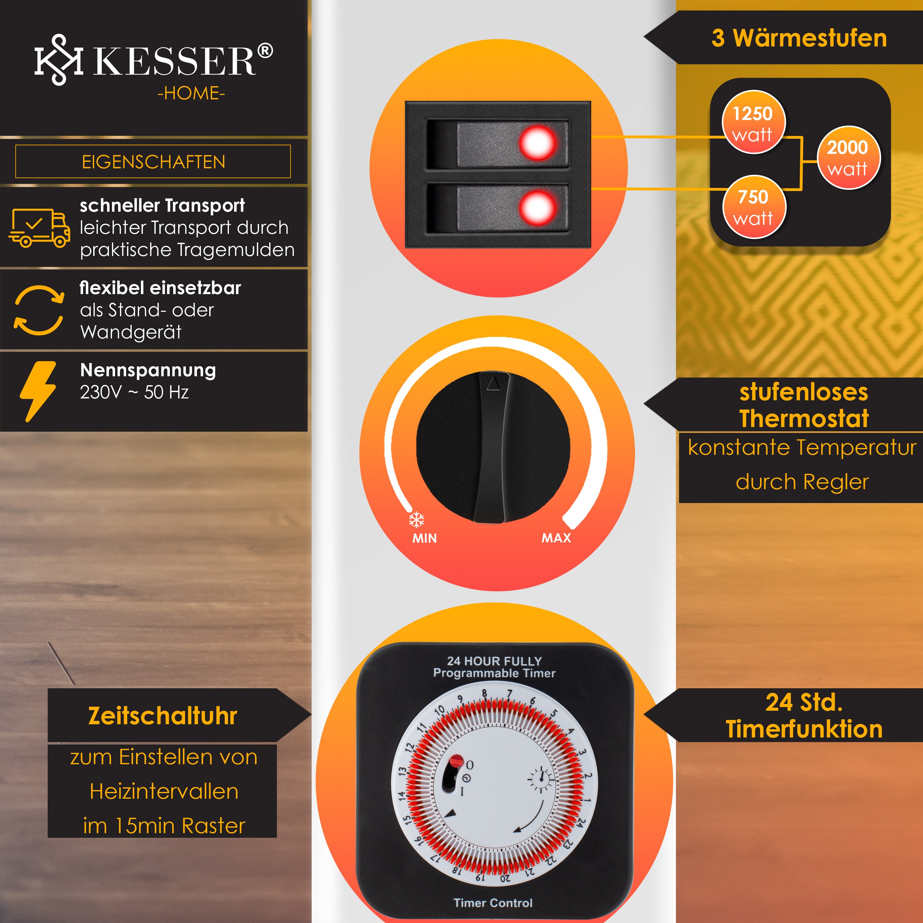 KESSER Konvektor 2000 Watt Heizgerät , 24h Timer | stufenlose Thermosteuerung | Turbo Heizung | 3 Stufen | Tragemulden