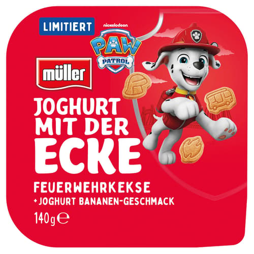 Müller Joghurt mit der Ecke Limitiert Paw Patrol Joghurt Bananen + Feuerwehrkekse