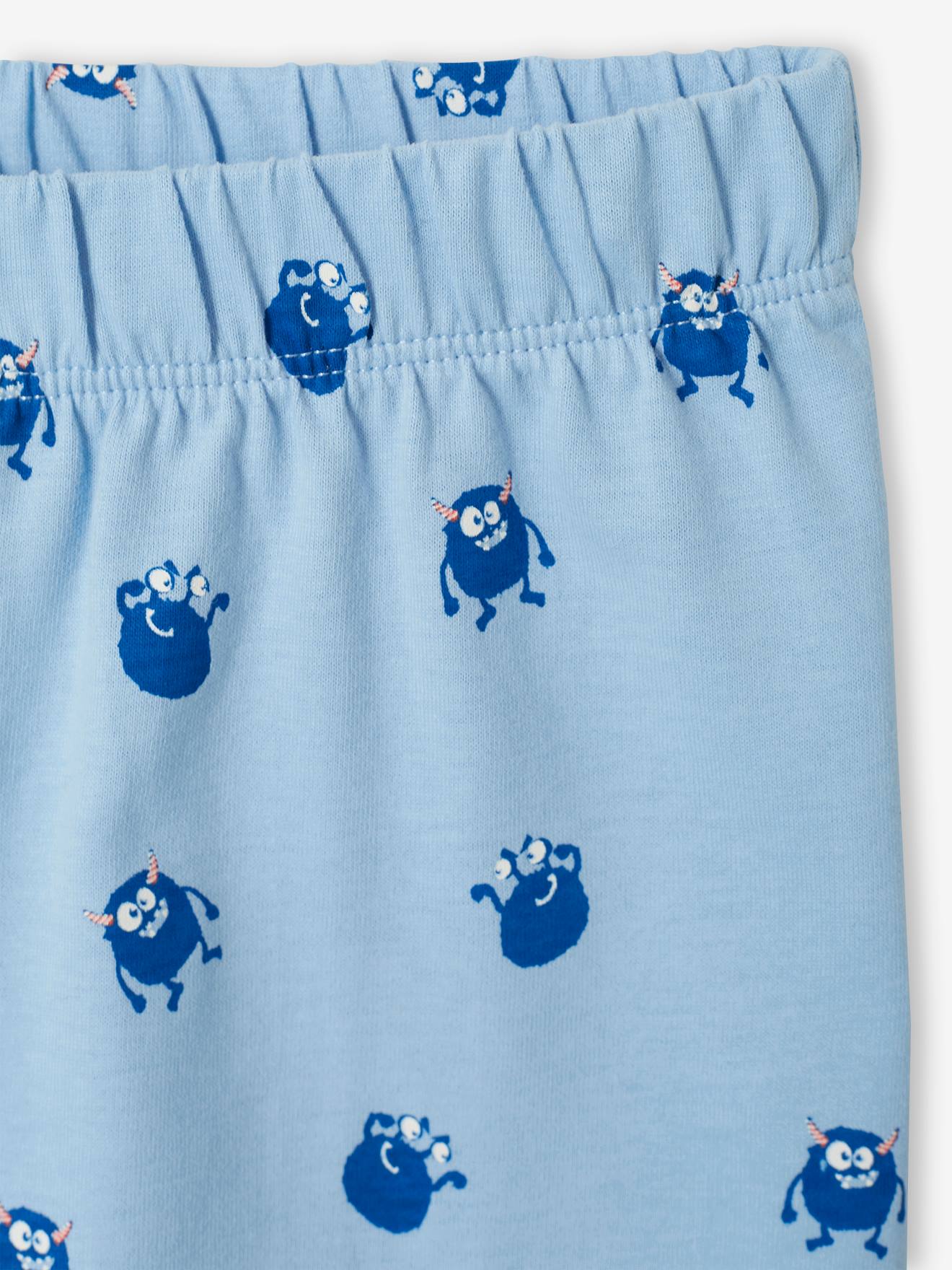 Pijama curto azul claro infantil de malha favo de mel com estampa de monstro.