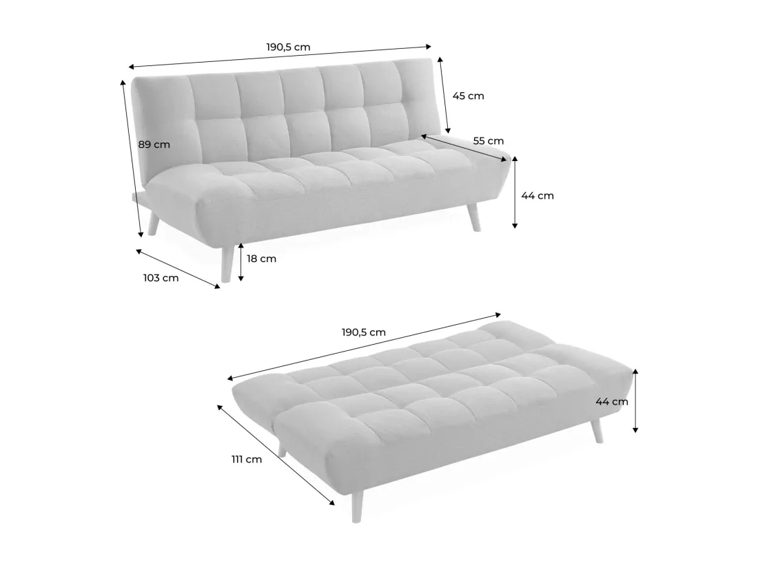 Canapé 3 places banquette clic clac. convertible. en tissu beige et pieds bois naturel
