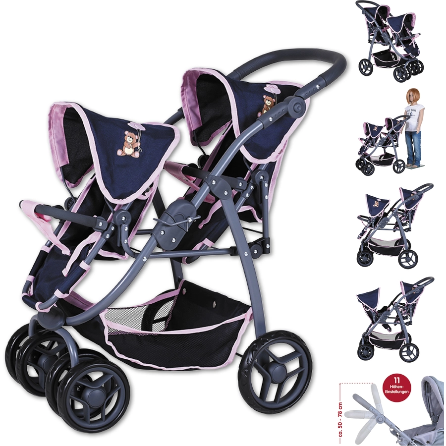 knorr toys® Zwillingspuppenwagen Milo - Navy pink bear blau