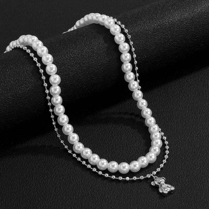 Gretlyn - Bear Pendant Faux Pearl Layered Necklace