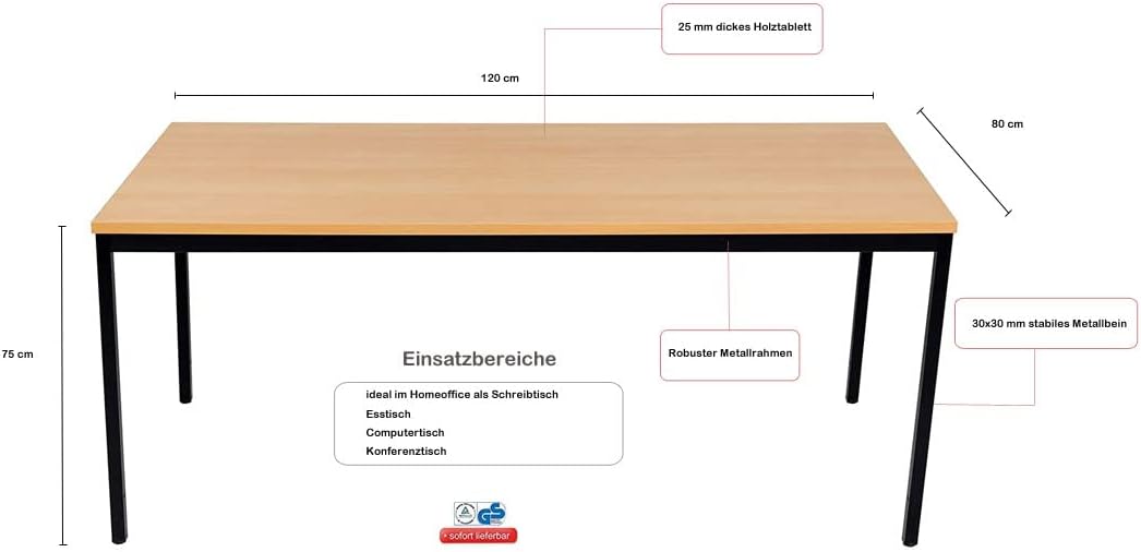 furni24 Schreibtisch-Stahl 120x80x75cm, Buche, TÜV/GS-Einfache Montage, Arbeitstisch, Bürotisch, Küchentisch, Esstisch, Druckertisch Büro-Möbel Arbeitszimmer Computertisch Gaming-Tisch Mehrzwecktisch
