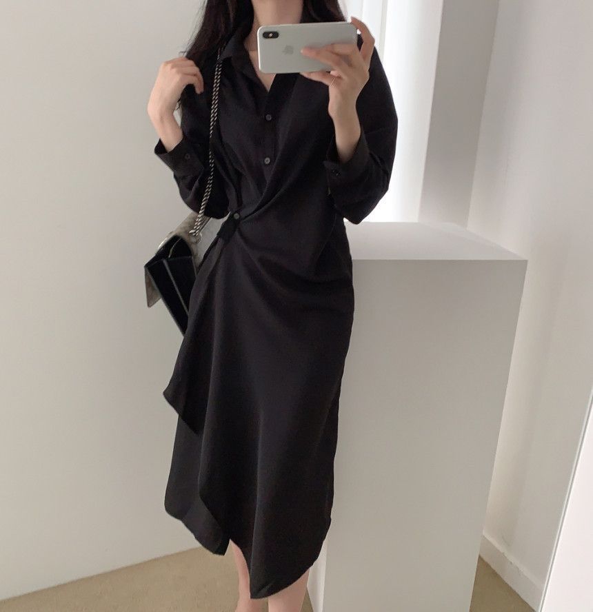 Onipixiy - Asymmetrische, effen midi-jurk met lange mouwen en wikkelmotief