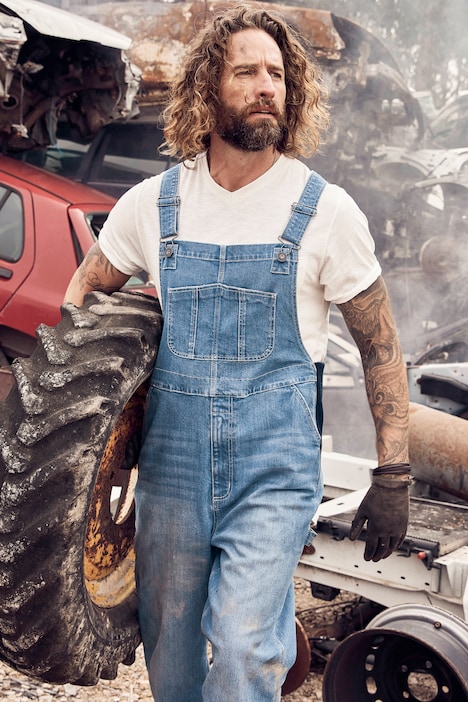 Latzhose, Workwear, Jeans, viele Taschen, Elastikeinsätze, Relaxed Fit