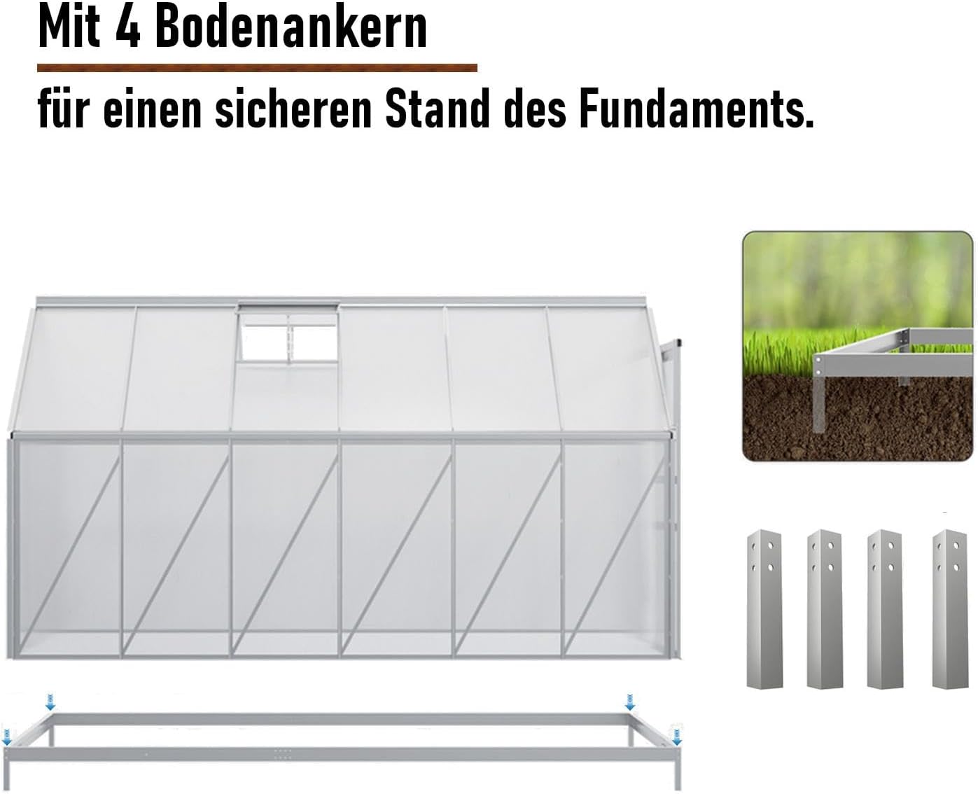 ESTEXO Aluminium Gewächshaus 11,2 m³ Frühbeet 370x190x195 cm inkl. Fundament Alu Treibhaus Tomatenhaus Pflanzhaus