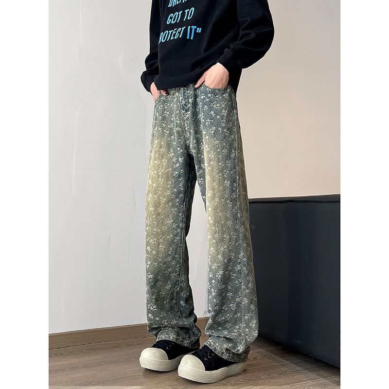 Obikan - Mid Rise Flora Print Washed Wide Leg Jeans