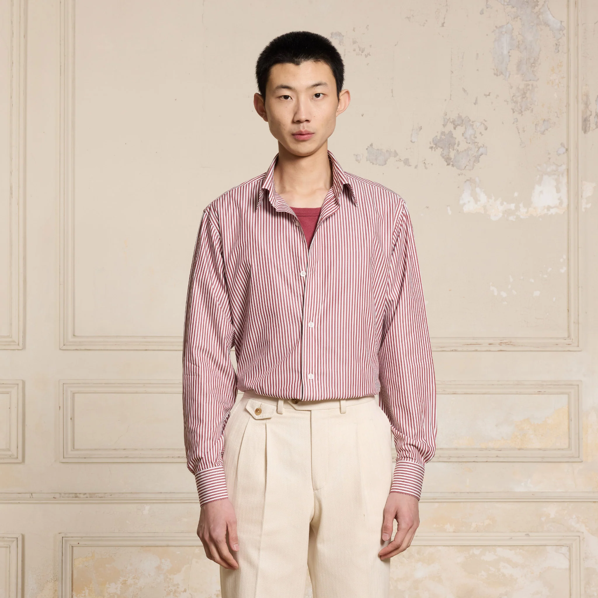 Burgundy and white striped poplin shirt