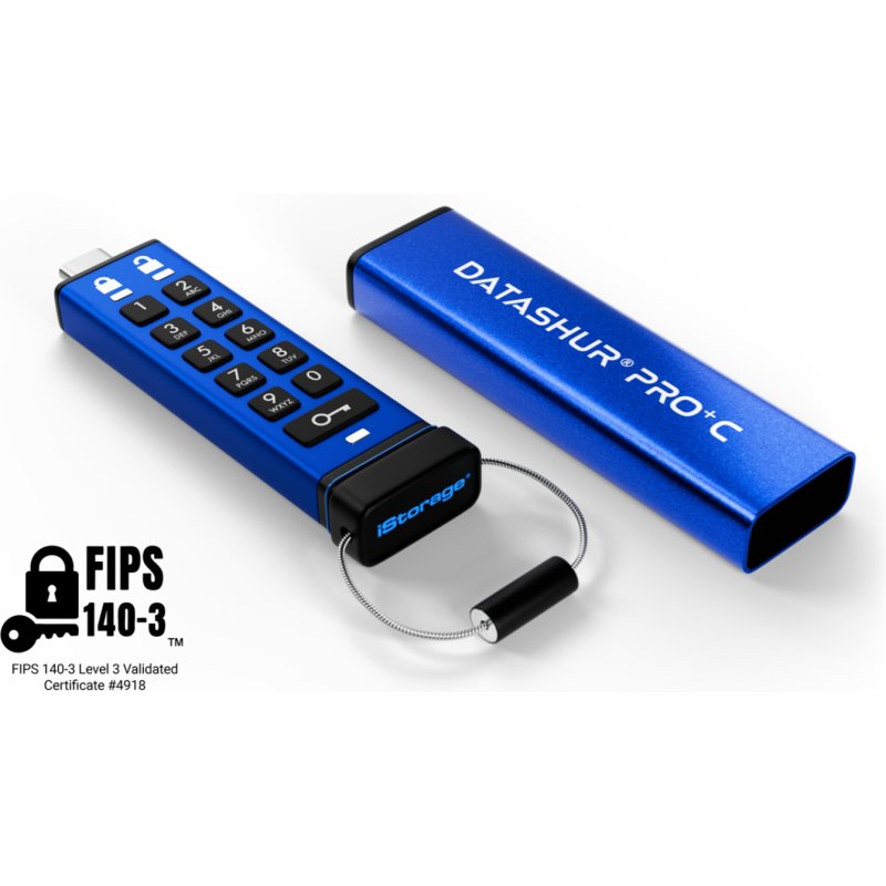 iStorage datAshur PRO+C 256GB | Secure USB Type-C Memory Stick | FIPS 140-3 Level 3 pending | PIN protected | Type C-A adapter included.