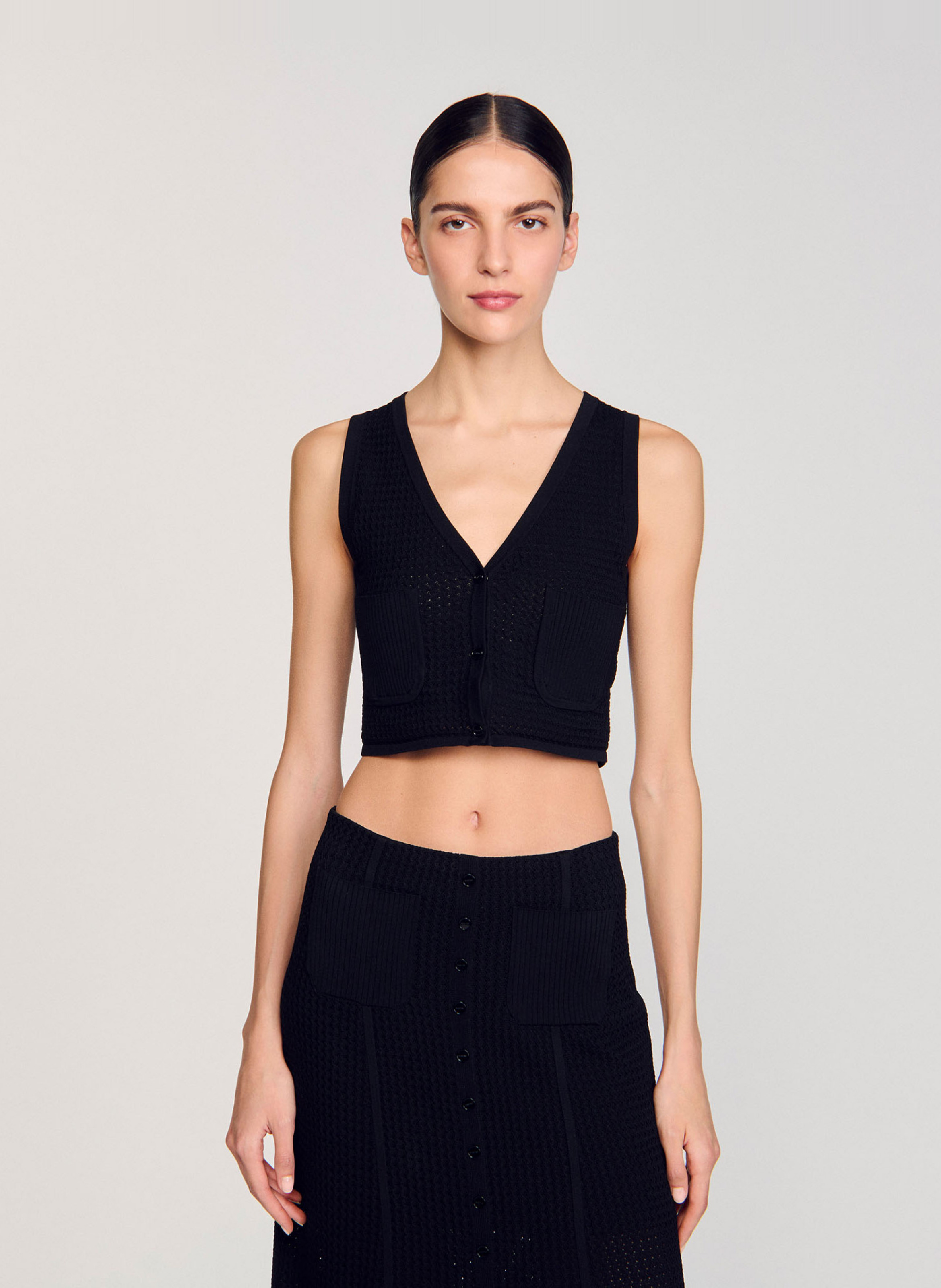 SANDRO Gilet court en maille fantaisie - Noir