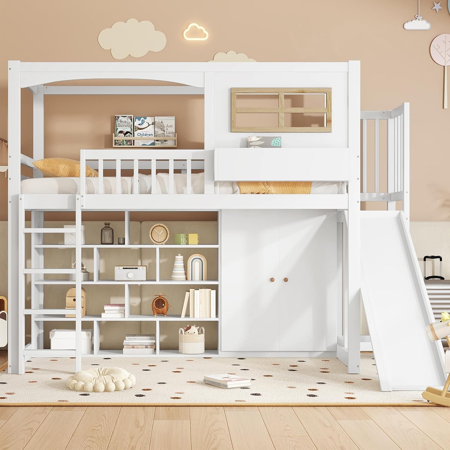 Merax Etagenbett Kinderbett Hochbett mit Rutsche,Stauraum,Kleiderschrank und Fallschutzgitter,Hochbett mit Regal und 4-stufiger Leiter, 90x200 cm, Kiefer + MDF + Sperrholz, Weiß - ohne Matratze
