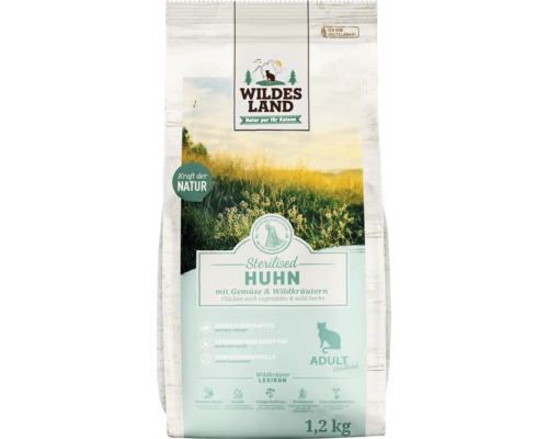 WILDES LAND Kip Gesteriliseerd droogvoer voor katten met groenten en wilde kruiden met waardevolle superfoods, graanvrij, glutenvrij 1,2 kg