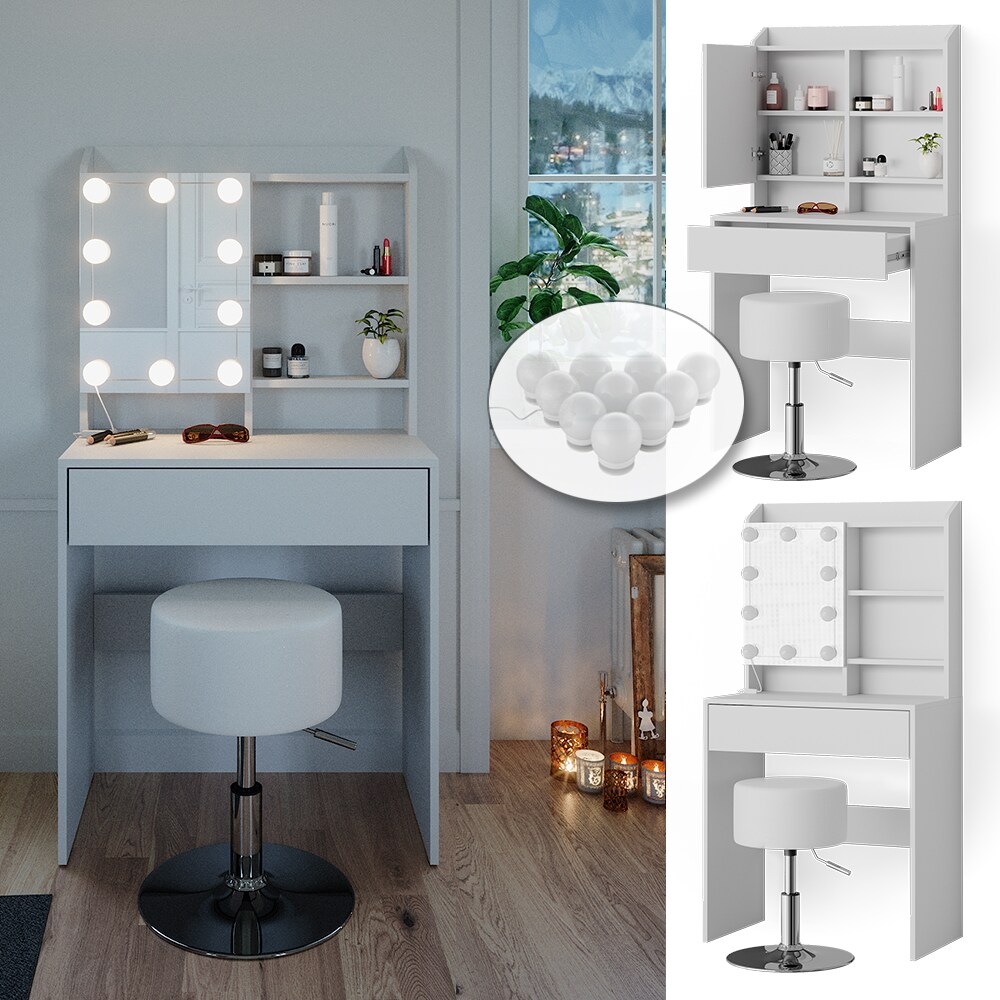 Vicco Schminktisch Frisiertisch Frisierkommode Laura Weiß LED Hocker 70x136 cm Spiegelschrank modern Schlafzimmer Kommode Schminkspiegel Schrank Schublade Kosmetiktisch Make-Up-Tisch