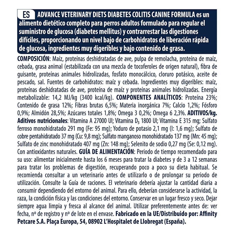 3 kg de ração Advance Veterinary Diets para cães diabéticos
