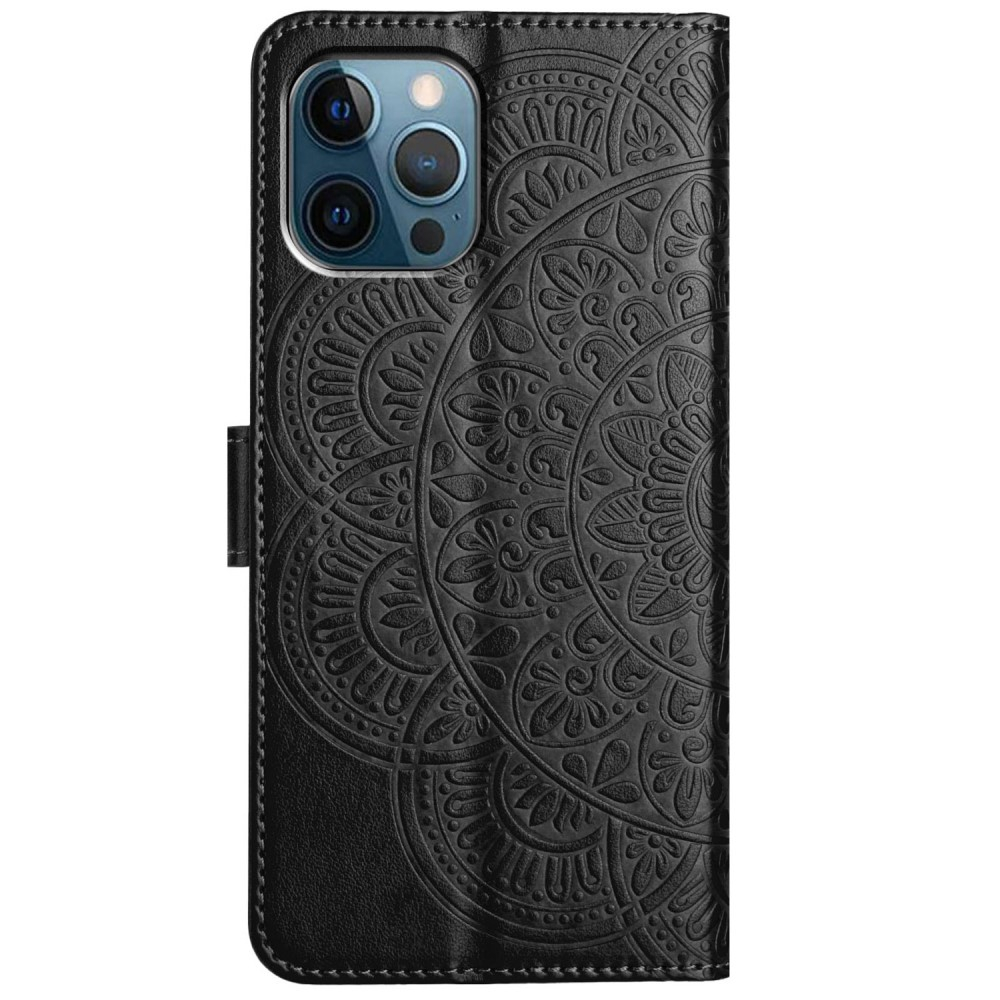 iPhone 16 Pro Leder Tasche Wallet - Mandala Flowers Imprint - Schwarz