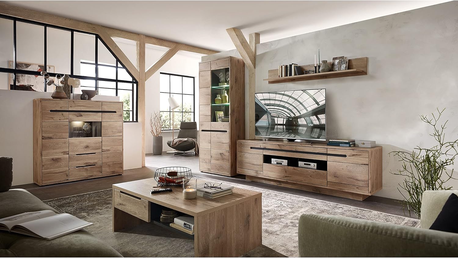 Stella Trading BELLANO Highboard in Viking Eiche Optik, Graphit - Moderner Wohnzimmerschrank mit Schubladen und LED-Beleuchtung - 125 x 128 x 38 cm (B/H/T)